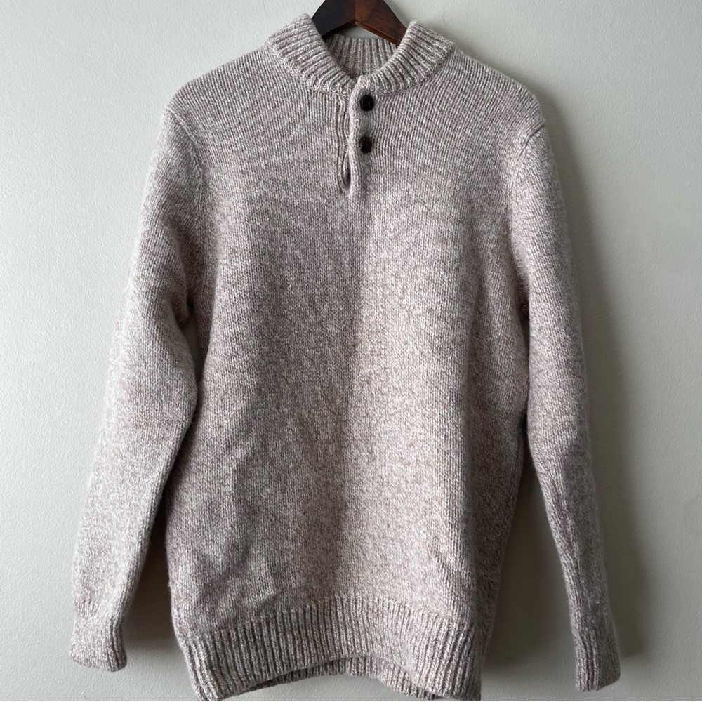LL BEAN 100% Lambswool Fisherman Henley Knit Sweater Men’s M Tall Cream Beige
